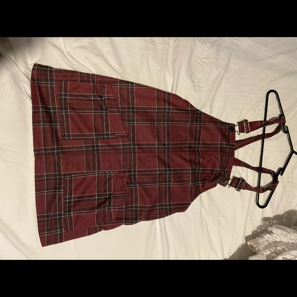 MAROON PLAID OVERALL MINI DRESS